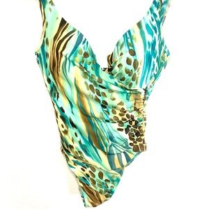 Miraclesuit One Piece Suit Sz 10 Teals Browns Ocean Slimming Ruche Padded Wire